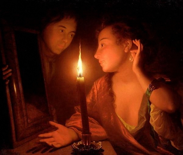 A Lady Admiring An Earring By Candlelight by Godfried Schalcken